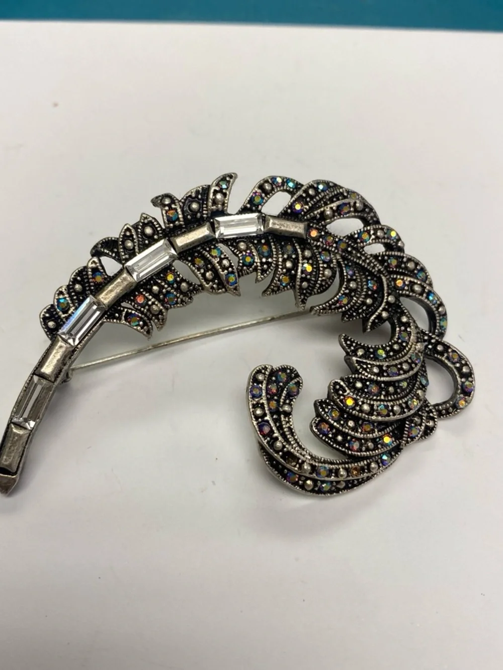 Vintage-Inspired Silver Tone Aurora Borealis Feather Brooch